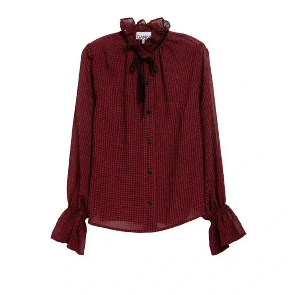 Ganni Red & Black Check Seersucker Tie Neck Shirt ♥️ - Picture 6 of 15